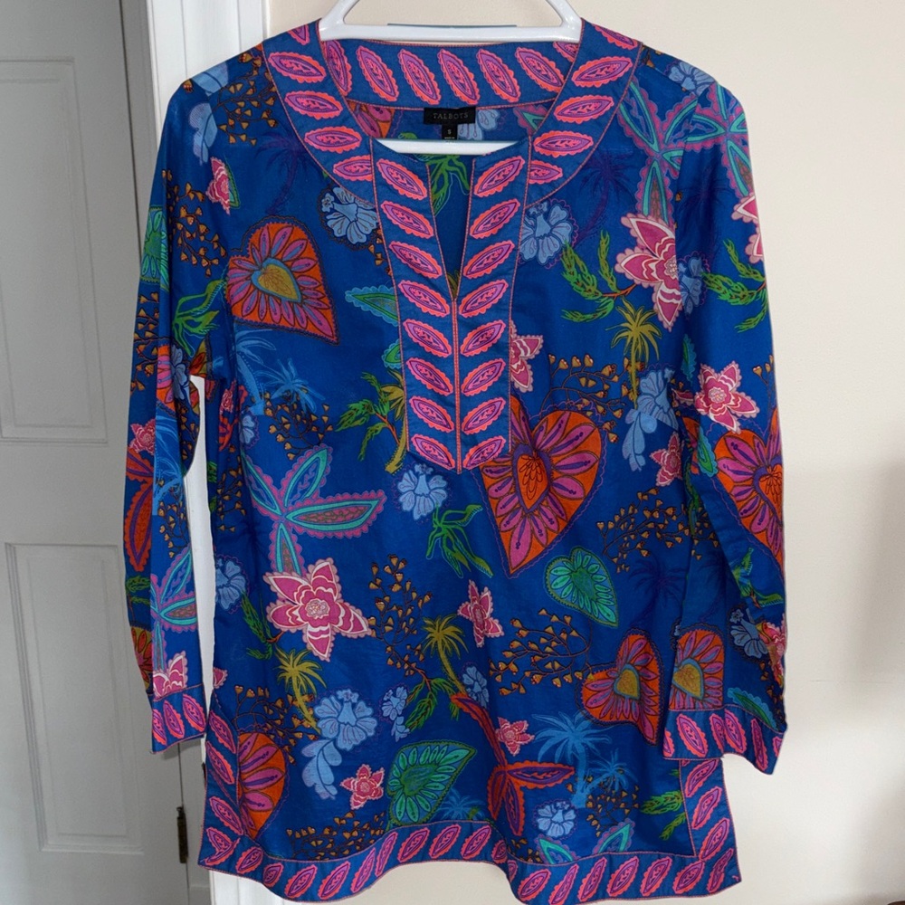 Talbots Royal Blue Floral Tunic with Pink Accents